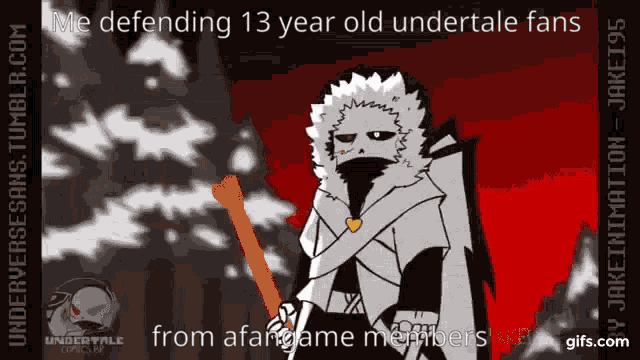 a cartoon character is defending 13 year old undertale fans from afar game members