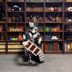 a man in a clown costume is holding a drum in front of a bookshelf full of books