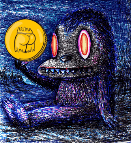a drawing of a monster holding a yellow coin with the letter p on it
