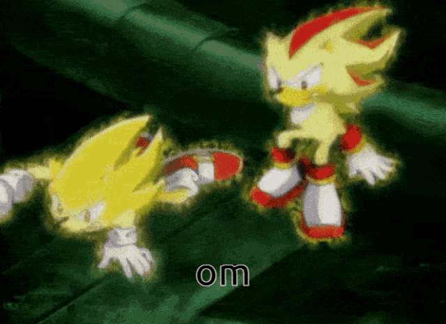 a picture of sonic and shadow with the word om in the bottom right