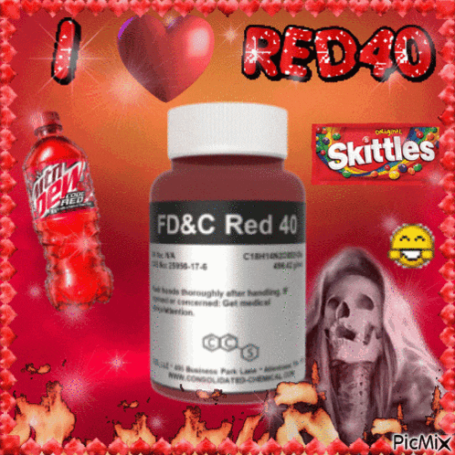 a bottle of fd & c red 40 sits on a red background