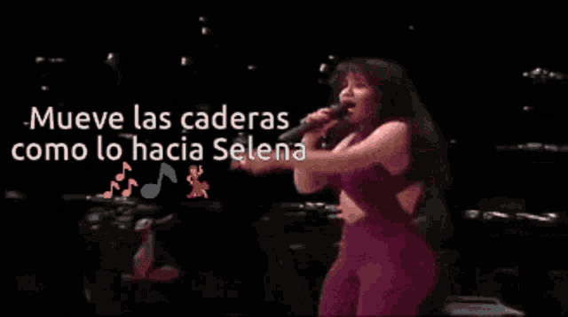 a woman in a purple dress is dancing with the words mueve las caderas como lo hacia selena in the background