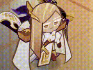 a cartoon character with long blonde hair and a white robe is standing on a table .