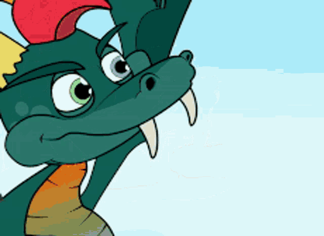 a cartoon drawing of a dragon with a red hat on