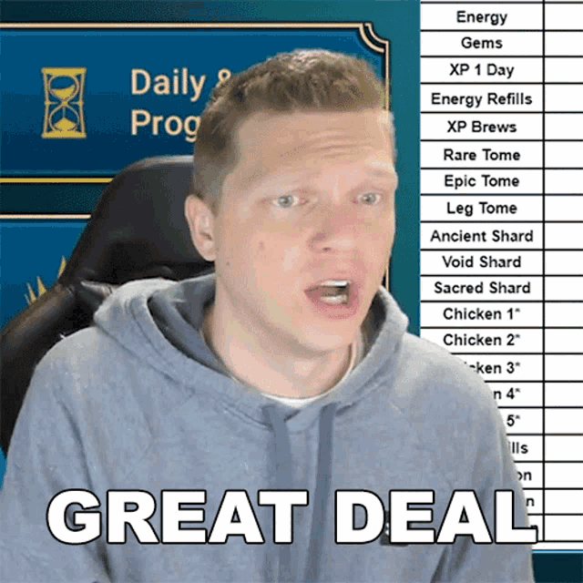a man sitting in front of a screen that says great deal on it