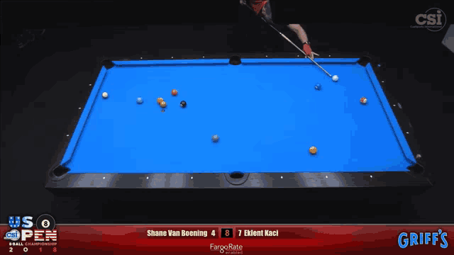 a pool table with us open written on the bottom