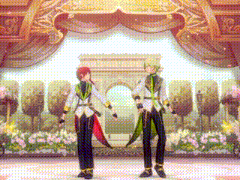 two anime characters are standing on a stage holding hands and dancing .