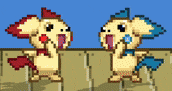 two pixel art animals are standing next to each other on a wall
