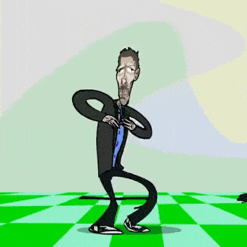 a cartoon of a man with a beard dancing on a checkered floor