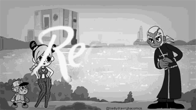 a black and white cartoon with the word re on the bottom right