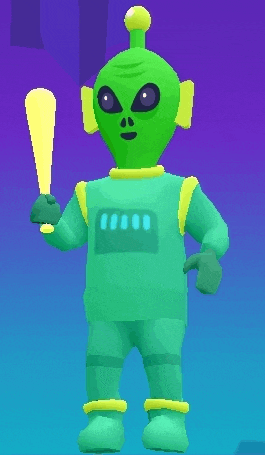a green alien is holding a yellow bat in his hand