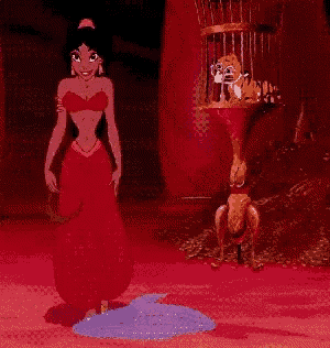 a woman in a red dress is standing next to a cage with a tiger inside of it
