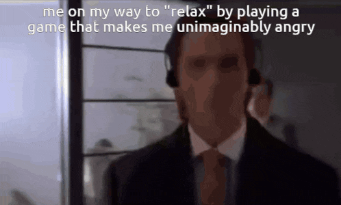 a man in a suit and tie is playing a game that makes him unimaginably angry ..