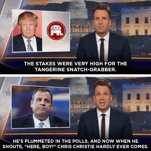 a man in a suit and tie is standing in front of a picture of donald trump
