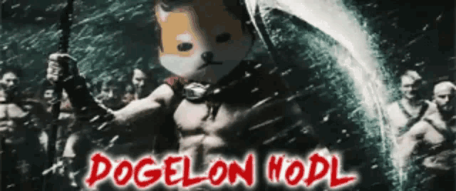 a picture of a doge holding a sword with the words dogelon hodl written on it