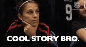 a woman is sitting in a chair with her hand on her chin and the words cool story bro written below her .