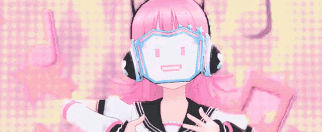 a girl with pink hair is wearing headphones and a mask