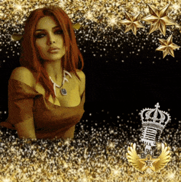 a picture of a woman with a microphone and a crown on it