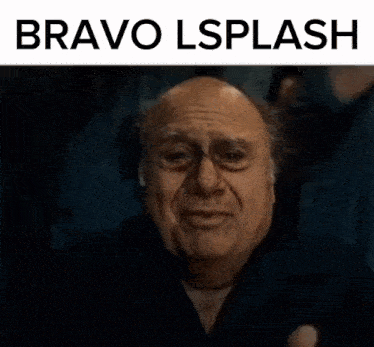 a bald man is making a funny face with the words `` bravo lsplash '' written on the bottom .