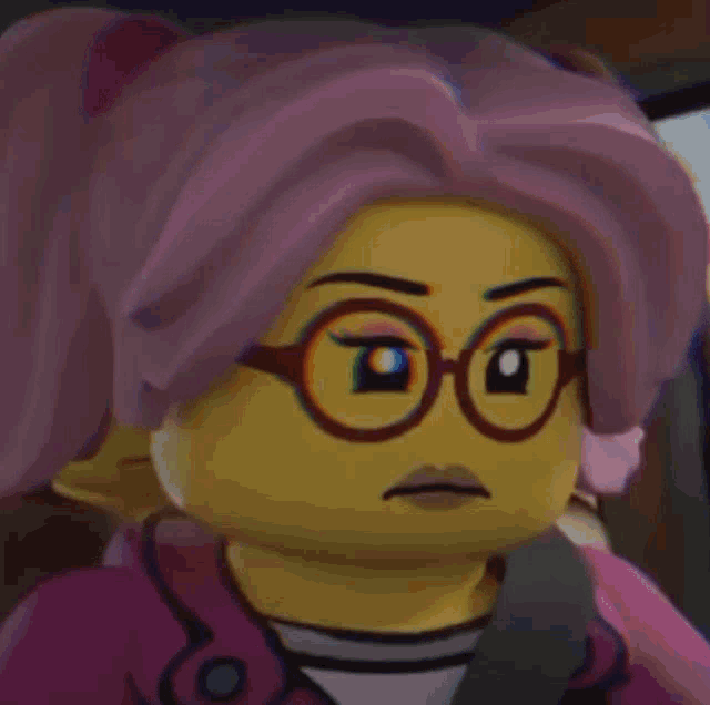 a close up of a lego girl wearing glasses and a pink jacket