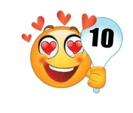 a smiley face with hearts in his eyes is holding a light bulb with the number 10 on it .