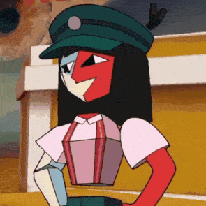 a cartoon character is wearing a hat and suspenders .