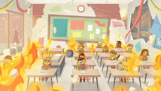 a cartoon drawing of a burning classroom with students sitting at their desks