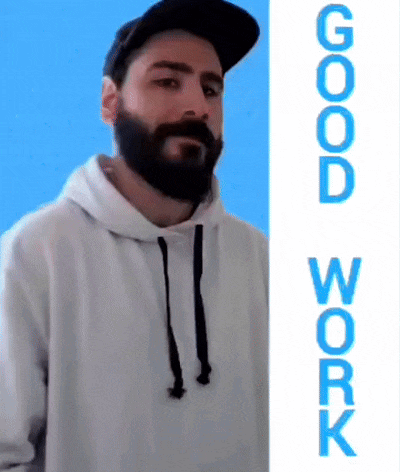 a man with a beard wearing a hat and a white hoodie with the words good work written on the bottom