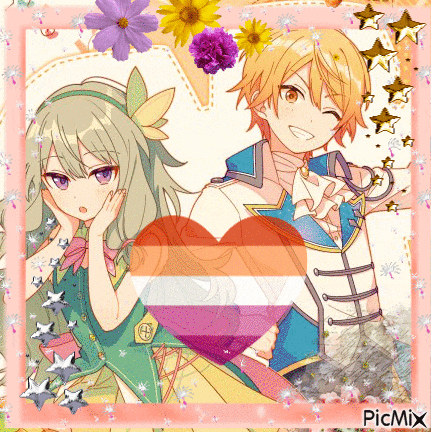a boy and a girl are standing next to each other in front of a heart with a lesbian flag in it .
