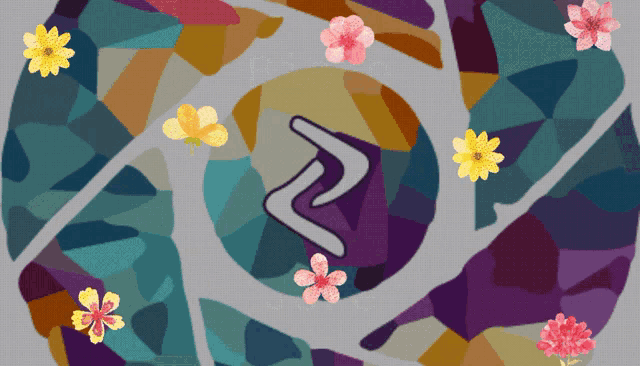 a colorful circle with flowers and a letter r in the middle
