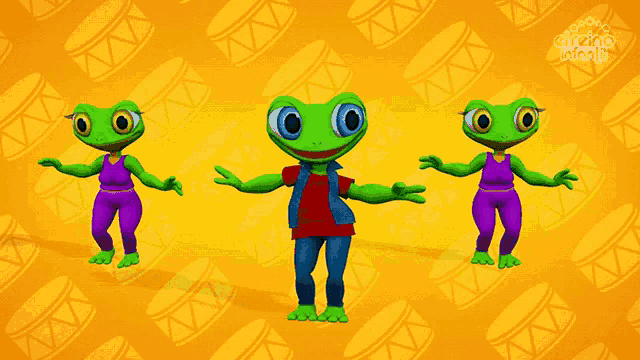 three frogs are dancing in front of a drum pattern and the words circus island are on the bottom