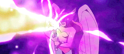 a cartoon of a woman with wings holding a lightning bolt in her hands .