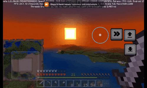 a screenshot of a minecraft game shows the sun setting over the water