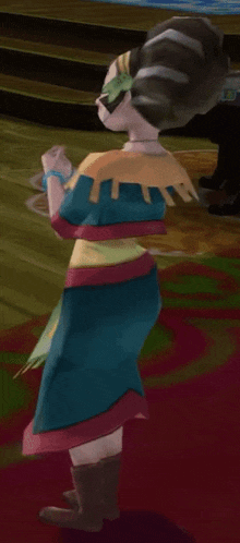 a woman in a colorful dress is standing in a room .