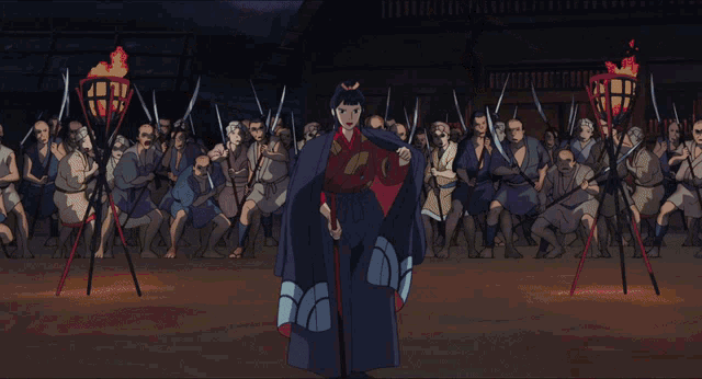 two cartoon characters are fighting with swords in a dark room