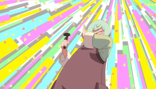 a cartoon character is holding a hammer and covering his face