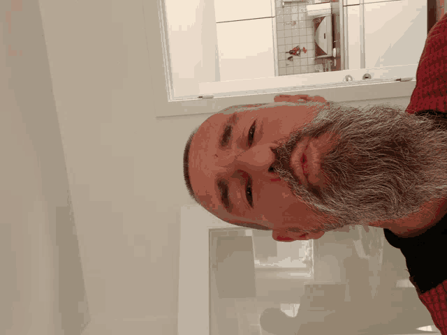 a man with a beard wearing a red and black shirt