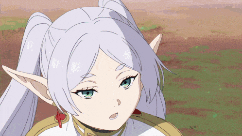 a girl with white hair and green eyes has a ponytail