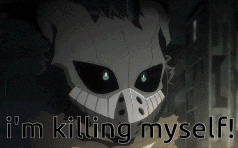 a cartoon character says i 'm killing myself while wearing a mask