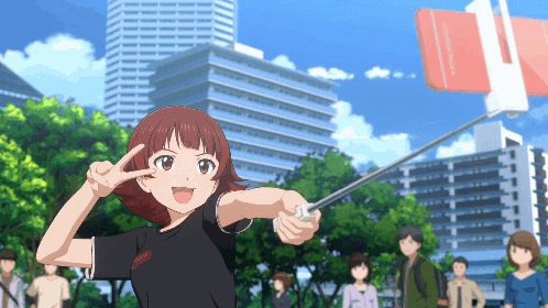 a girl in a black shirt with the word army on it holds a selfie stick