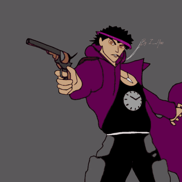 a man in a purple jacket is holding a gun and smoking a cigarette with a clock on his shirt