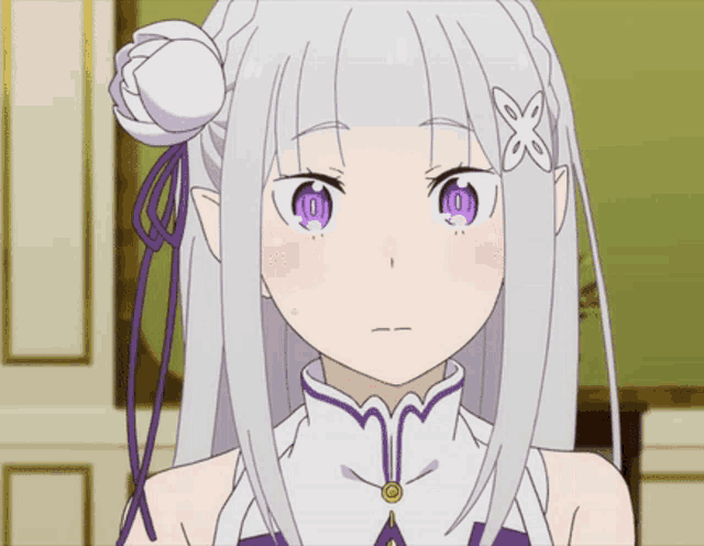 a girl with white hair and purple eyes has an x on her head