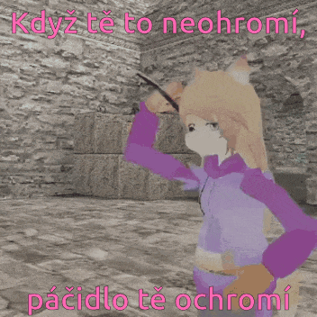a girl in a purple hoodie is holding a sword and says kdyz te to neohromi