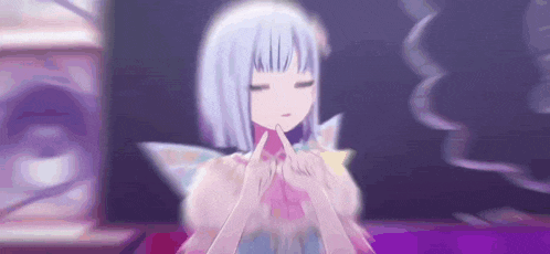 a girl with blue hair is making a heart with her hands .