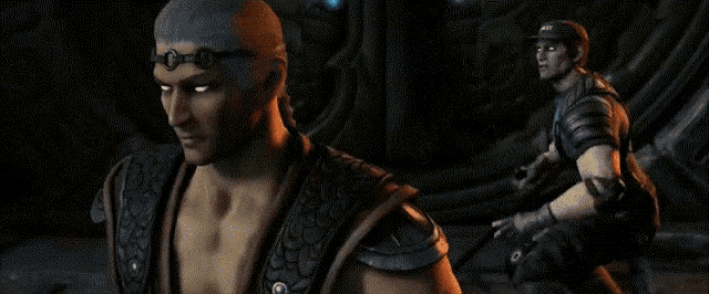 two men are standing next to each other in a video game .