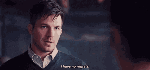 a man in a sweater is talking to another man and saying `` i have no regrets . ''