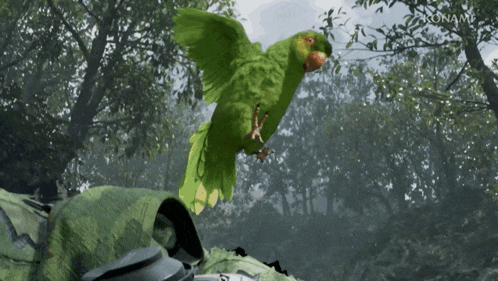 a green parrot is flying in the air with konami written on the bottom
