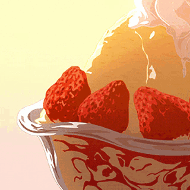 a bowl of strawberries with whipped cream on top of them