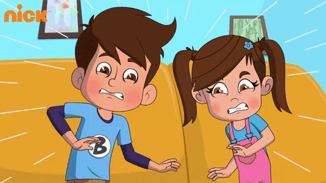 a boy and a girl are standing next to each other with the nick logo in the background