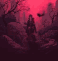 a person is walking through a dark forest with trees and rocks in the background .